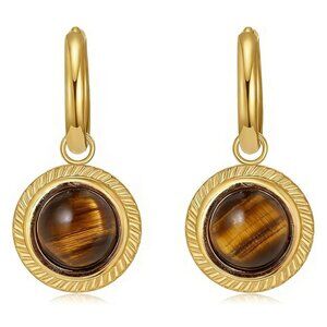 14K Gold Plated Tiger Eye Hoop Vintage Earrings
